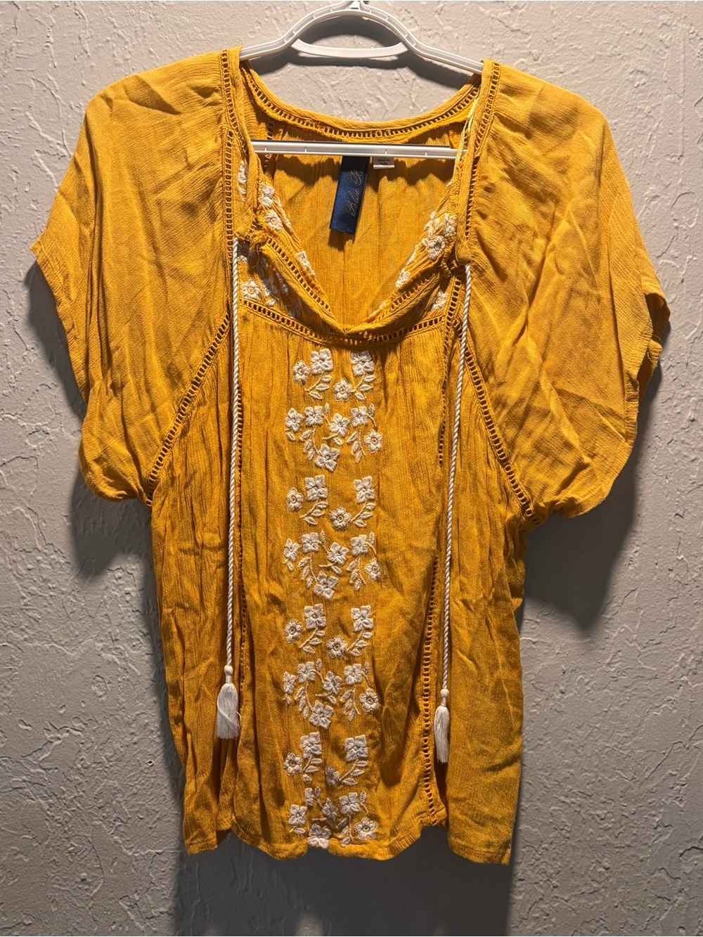 Blue Rain Mustard Yellow Embroidered Boho Peasant Blouse